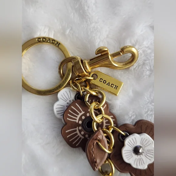 Designer Inspired Brown and White Floral Keychain with Gold Hardware Bag Charm - Picture 3 of 5